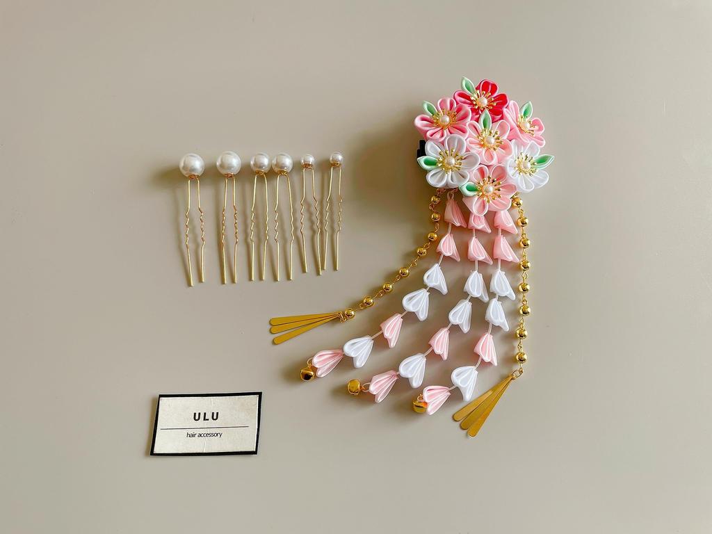 Pink Hair Pearl Japanese Hair Hair Hakama Head Hair Decoration Tsumami-zaiku Ornament, Pin, Ornament, Shichi-Go-San Ornament, Dress, Accessory,