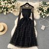 Winter  Autumn Elegant Women Lace Mesh Hollow Out Patchwork Dress Casual Lady Ruffled A-line Dress Party Cake Dress