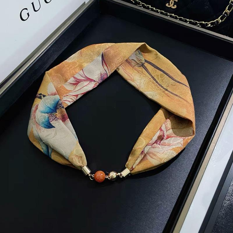 National Style Fragrant Cloud Yarn Magnetic Buckle Necklace Silk Scarf Women'S Summer Pearl Collarbone Chain Versatile High-End Scarf Neck Protection