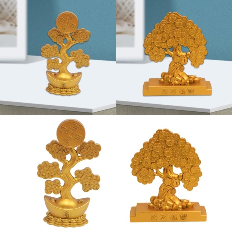 Gold Fengshui Statue Rotating Money Tree for Home and Office Decors Good Fortunes Metal Ornament with Wealth Symbolism