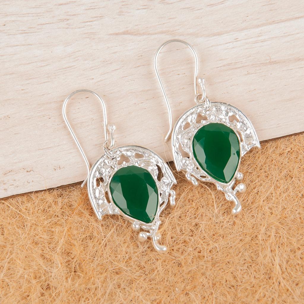 Gift For Her Green Onyx Gemstone 925 Sterling Silver Jewelry Handmade Earrings CE-5-15