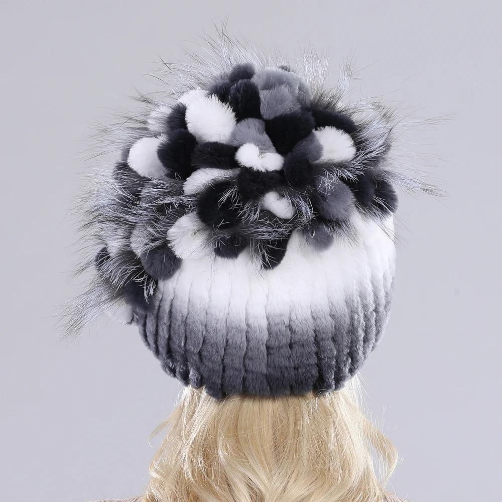 Brand Women Genuine Rex Rabbit Fur Hats Winter Rex Rabbit Fur Beanies Striped Top Flower Fox Fur Warm Real Fur Knit Caps