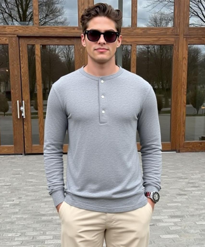 Pentaon Waffle Knit Henley Neck 3-Button Standard Army Fit Long Sleeve Round T-Shirt (Type C)