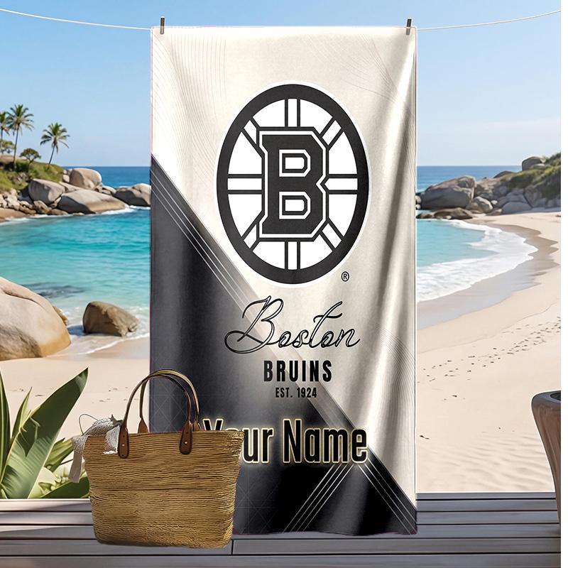 Boston Bruins Custom Beach Towel, Print Your Name Text Lightweight Absorbent Towel for Swimming Travel