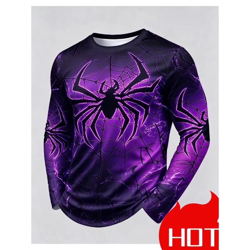Men's Spider Web Printed Long Sleeved T-shirt For Autumn Casual Street Cool Animal Pattern Top Fashionable Party Style Pullover