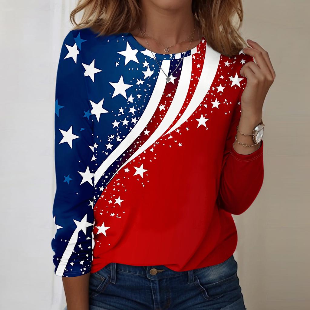 Damen Casual Langarm Rundhals Oberteil Unabhängigkeitstag Blumenprint Leichter Pullover für den Alltag
