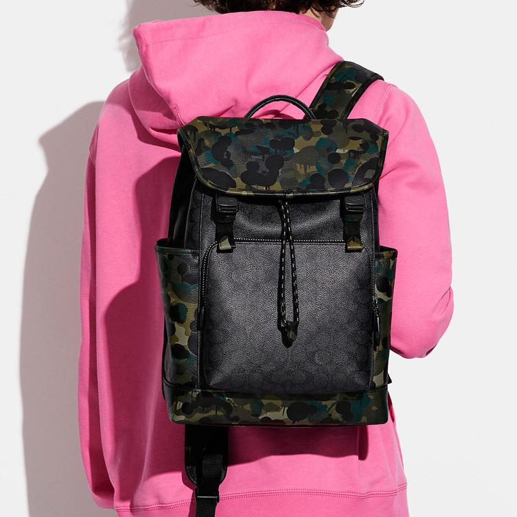 New COACH Coated Canvas With Soft Pebbled Leather Backpack Large Size Men's Black Monogram With Camouflage C9734-A5F
