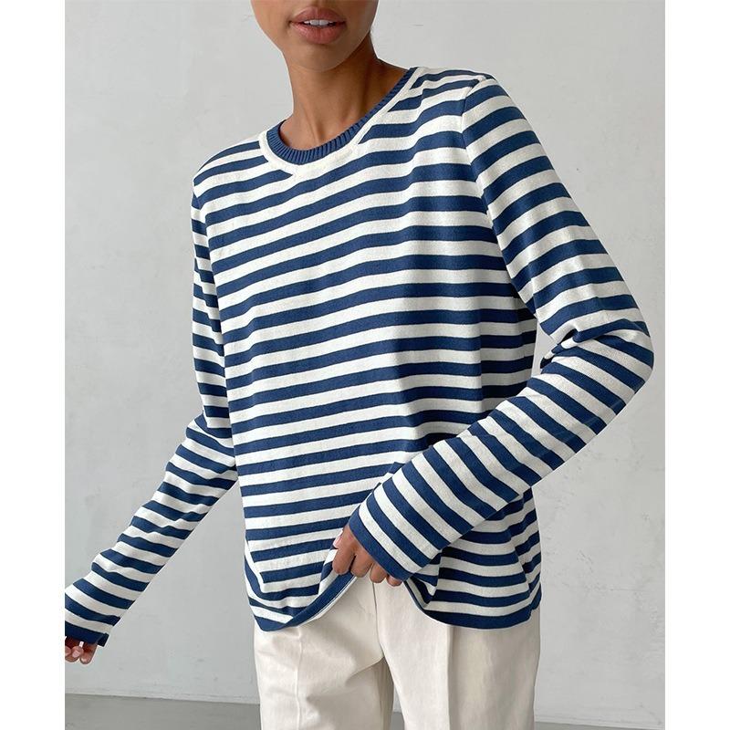 Round Neck Knitted Striped Sweater All-match Classic Retro Striped Pullover Sweater Women