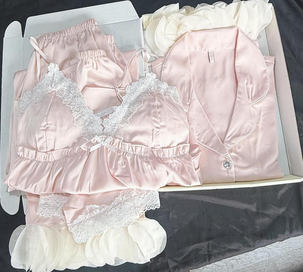 Set de pijama de vară pentru femei din mătase de gheață, maiou cu plăcuțe pentru piept - Set de 4 piese cu mânecă lungă pentru acasă