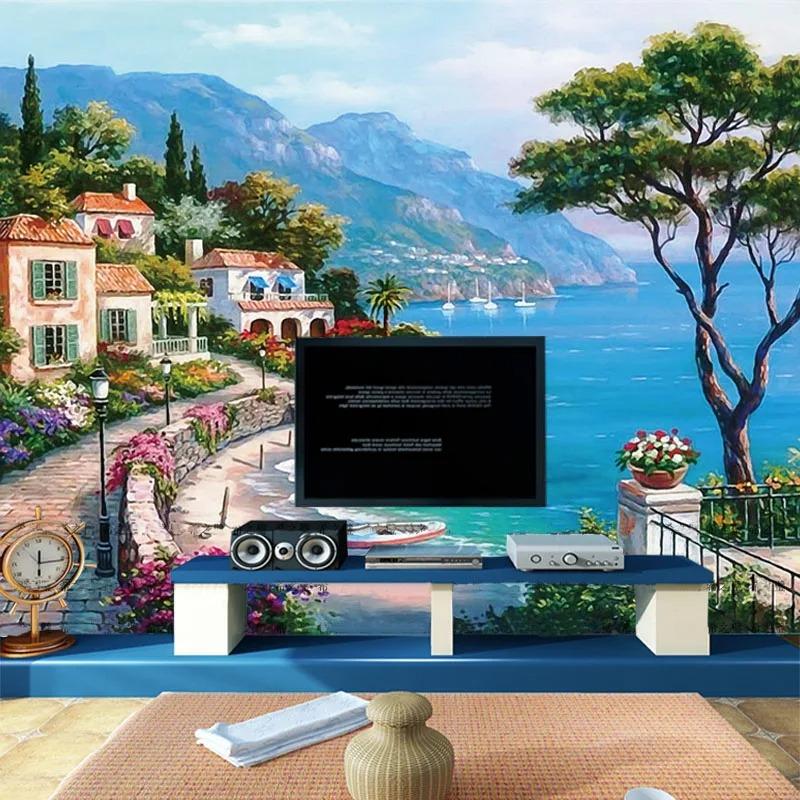 Custom 3D Mural Wallpaper Mediterranean Oil Painting Landscape Wall Papers Home Decor Living Room Sofa TV Background Wall Paper