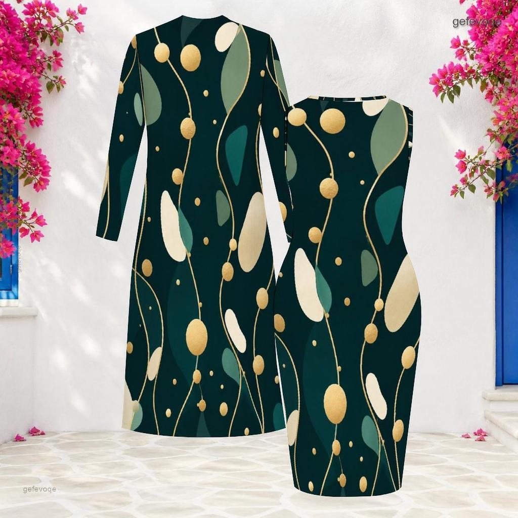 Women Plus Size Two Piece Set Dark Green Printed Long Sleeve Open Front Cardigan Sleeveless Bodycon Dress