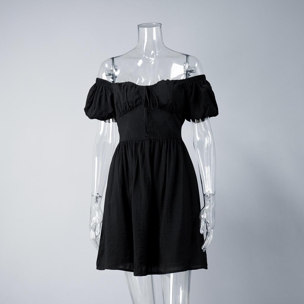 One-word shoulder short-sleeved dress, European and American summer new lace-up waist short skirt, bubble sleeve dress