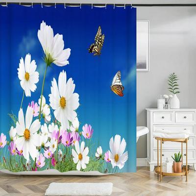 Wasserdichter Duschvorhang mit 12 Haken Schöner Bunter Naturblumen-Druck Badezimmervorhang Polyester Heimdekor Vorhänge