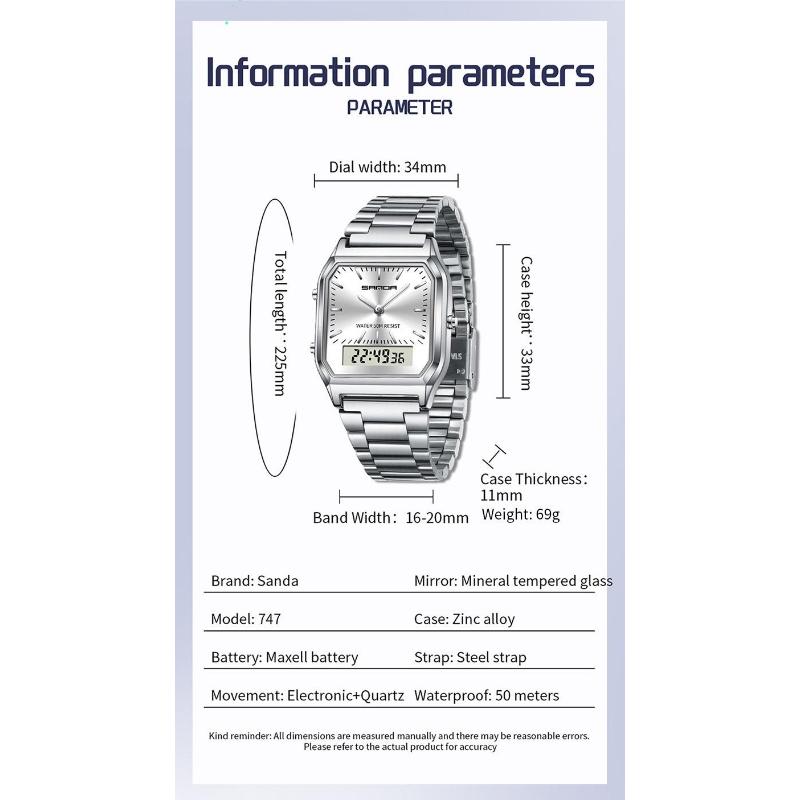 SANDA Neutral Dual Display Clock Waterproof Sports Quartz Watch Luxury Women's Stainless Steel Digital Electronic Watch