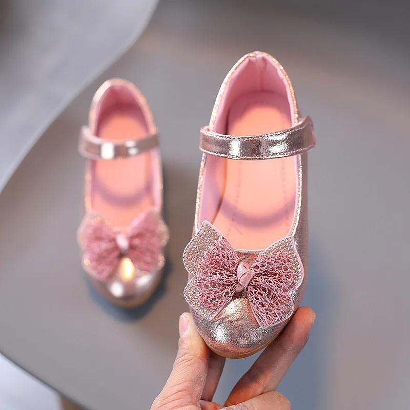 Girl's High Heel Shoes Elegant Bowtie Kids Causal Princess Ballet Shoes Fashion Versatile Children's Leather Shoes Non-slip Soft