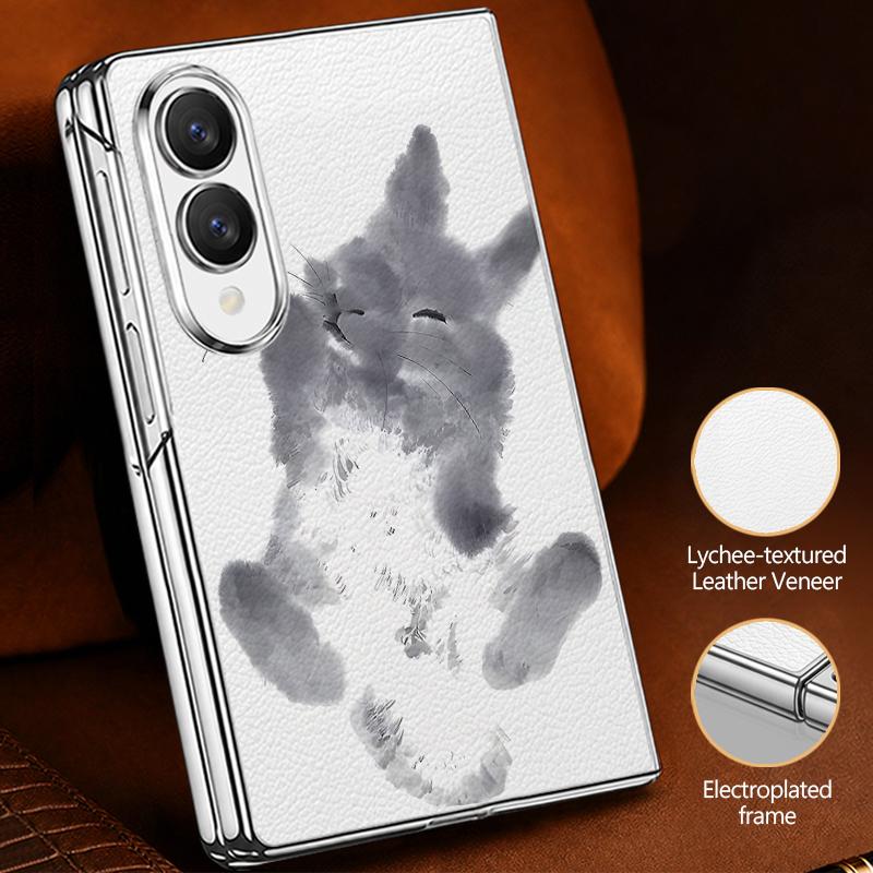 Cute Cat Rabbit Print Case For Samsung Z Fold 8 Ultra 7 6 5 4 Luxury Plating Leather Skin Phone Cover For Galaxy Z Fold8 Fold7 Fold6 Fold5