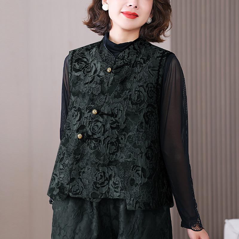 Dame Høst/Vinter Forbedret Tangdrakt Vattert Vest med Ståkrage - Kinesisk Nasjonalstil Jacquard Yttertøy.