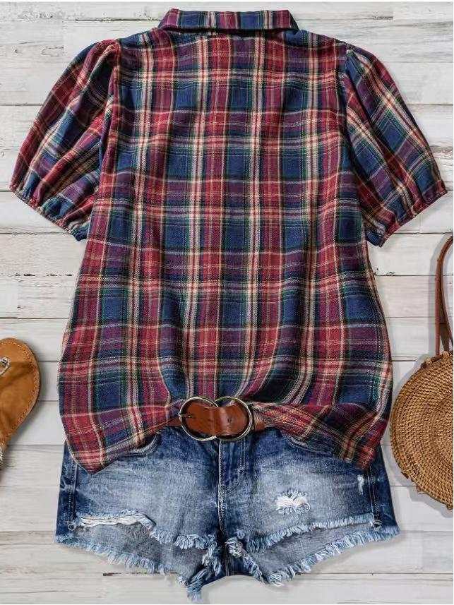 2025 Summer Plaid Lapel Puff Sleeve Casual Shirt (Short Sleeve, Loose Fit)