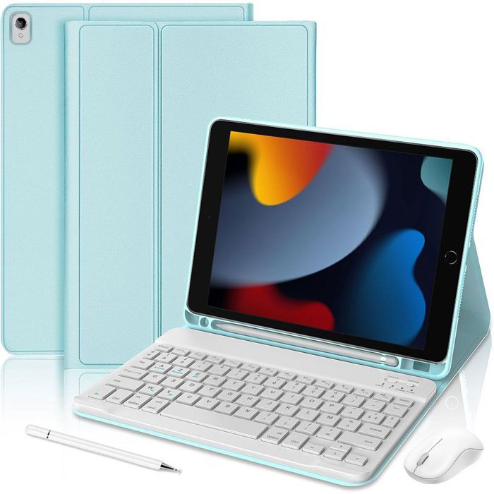 Coque Clavier pour iPad 10,2 Pouces (7/8/9ème Génération) Bleu avec Souris Sans Fil, Stylet et Clavier