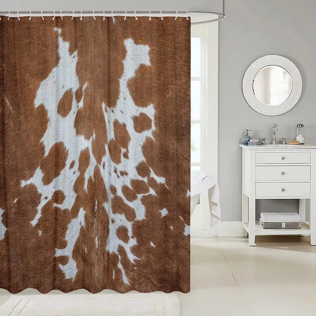 Cow Fur Bathroom Curtain Farmhouse Cowhide Shower Curtain Cattle Fur Black White Bathroom Animal Skin Fabric Shower Curtain Set