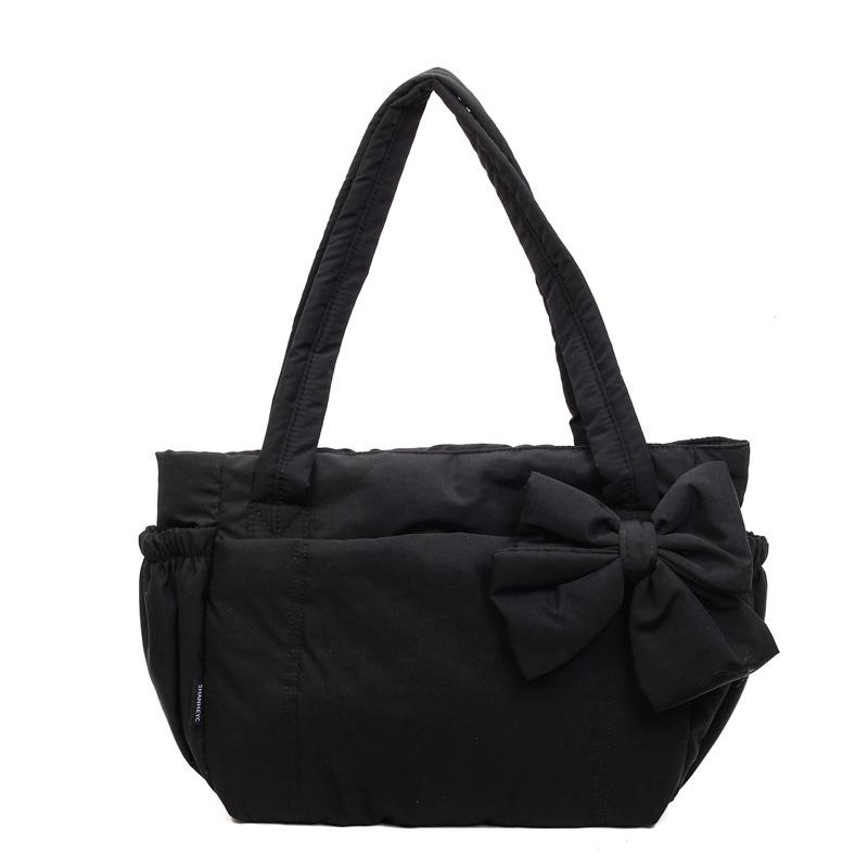 Bow cotton clothes tote bag women's solid color versatile underarm shoulder bag women's large-capacity commuter laptop bag