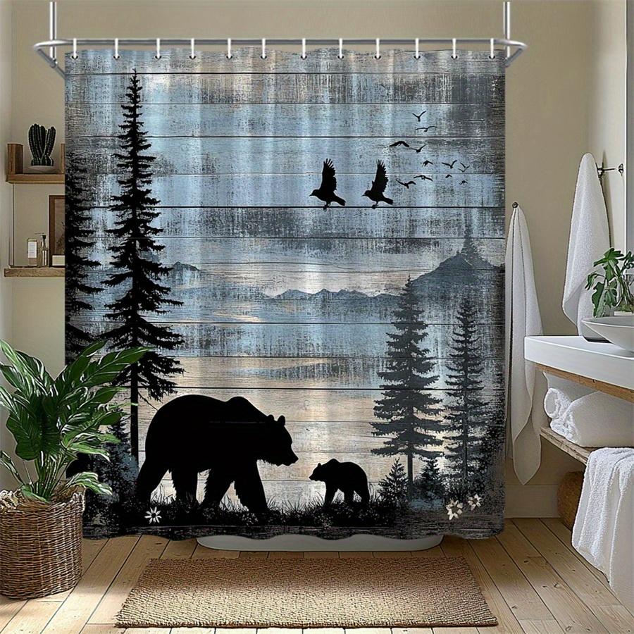 Forest silhouette shower curtain wood grain background bear family and pine trees, guest modern bathroom decoration country art