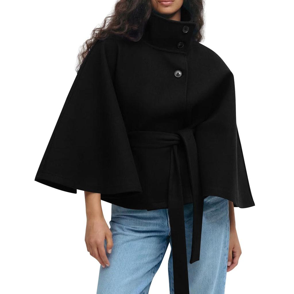 Women's Fashion Solid Color Hooded Button-Up Belted Trench Coat Jacket