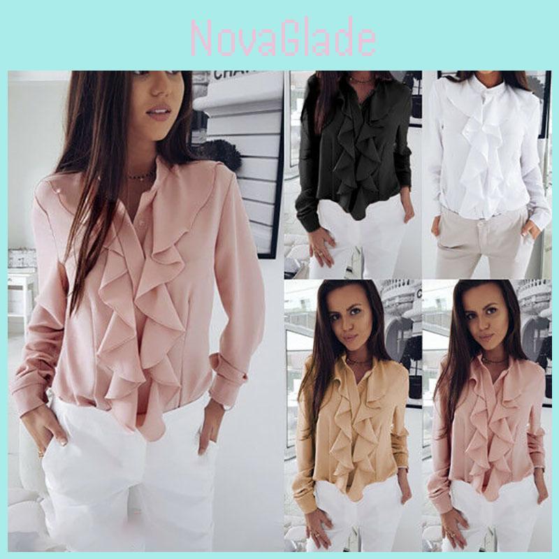 Chic Womens Ruffle Summer Long Sleeve Solid Blouse Shirt Perfect For Any Occasion
