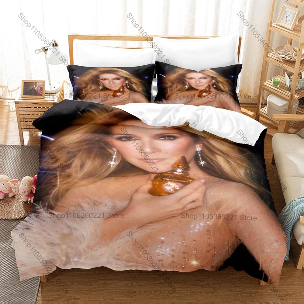 Celine Dion World Tour Singer Print Bedding Set Soft Polyester Duvet Cover + 2 Pillowcases For Pop Music Fans Bedroom Decor