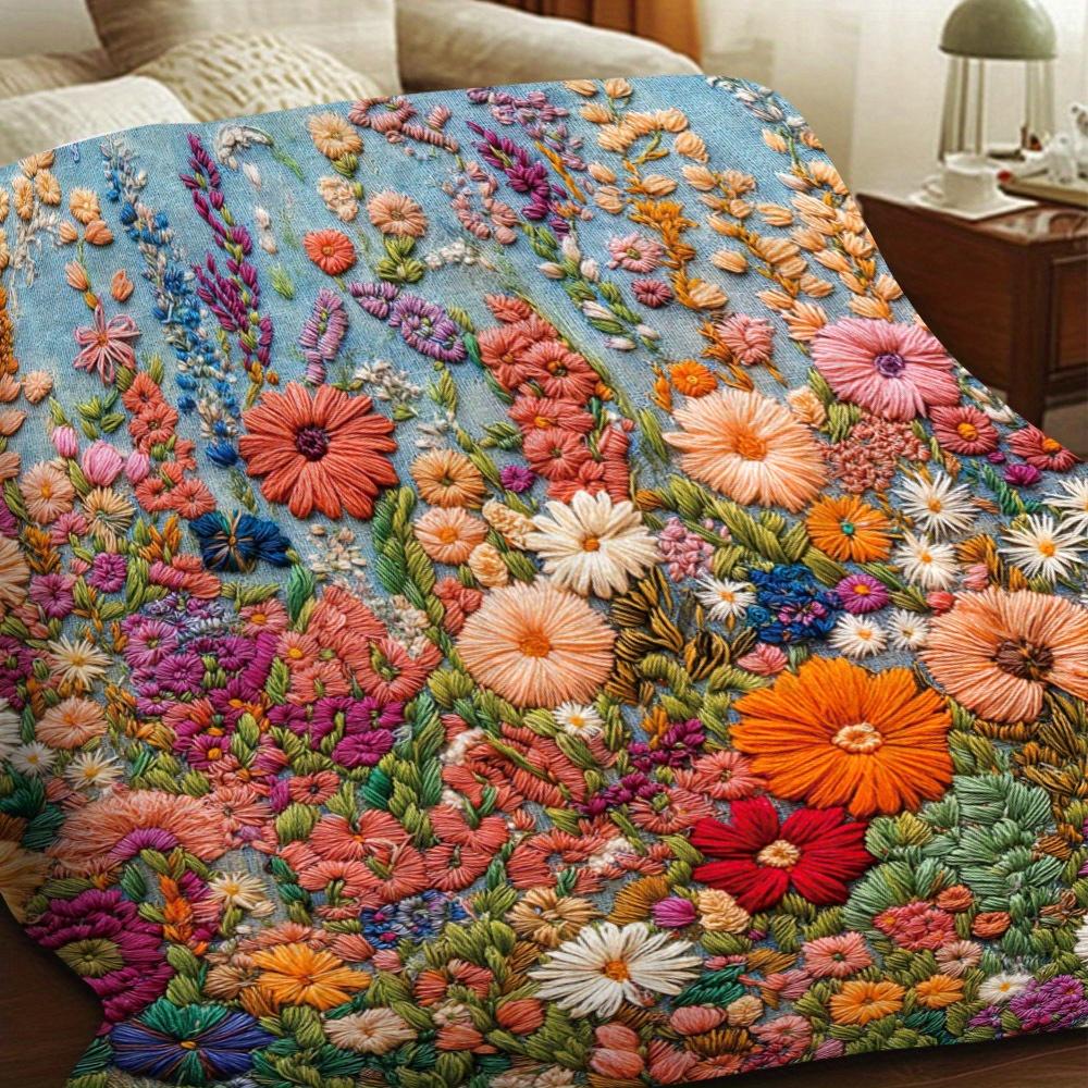 3D Bohemian Floral Blanket - Embroidery Flower Field Design, Soft Flannel for Bedroom/Sofa/Picnic, Vibrant Decor Throw