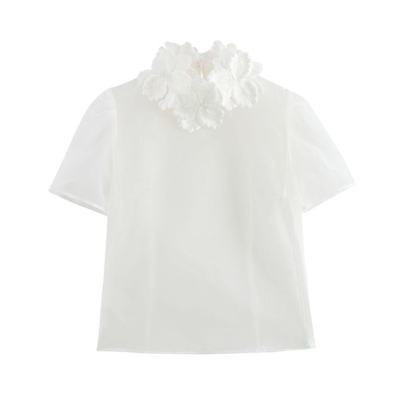 Jnleaog Spring New Arrival Women's Clothing Fashion Style French Fashion Elegant Three-Dimensional Flower Decoration Transparent Shirt