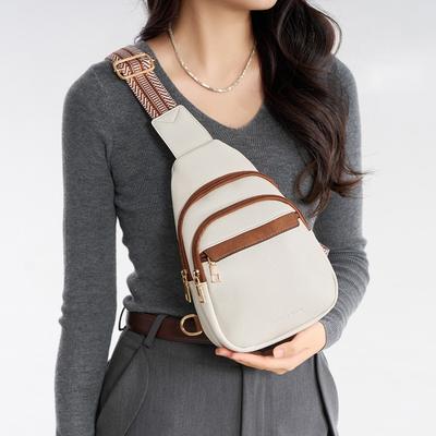 New Contrasting Color Wide Shoulder Strap Women's Breast Bag Textured Soft Leather Diagonal Span Fanny Pack Retro Fashion Shoulder Bag