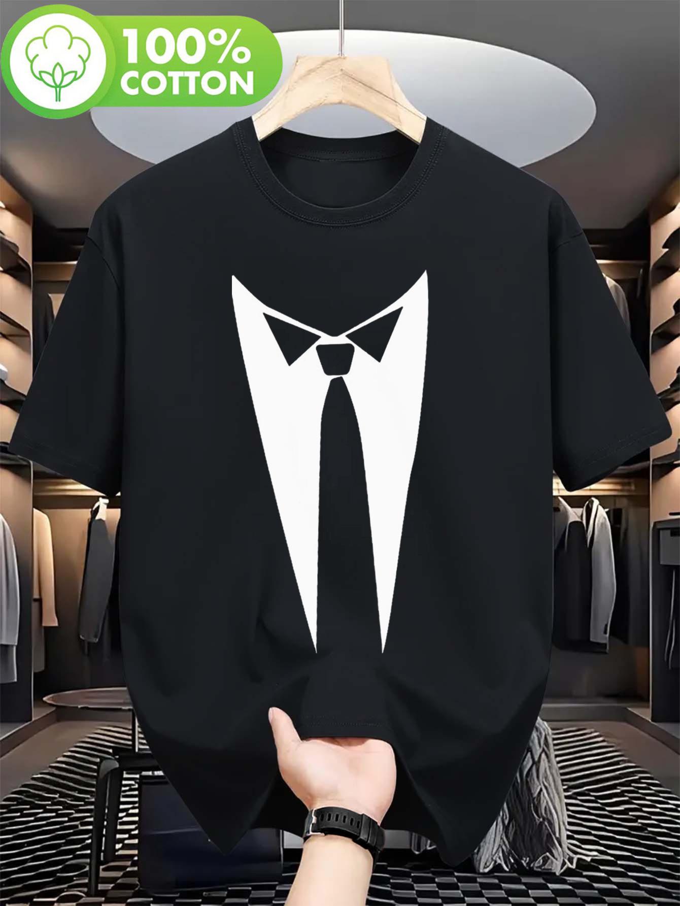 Black 100% Cotton Short-Sleeve T-shirt with Bold White Bow Tie Graphic - Casual & Slightly Formal Style XXL