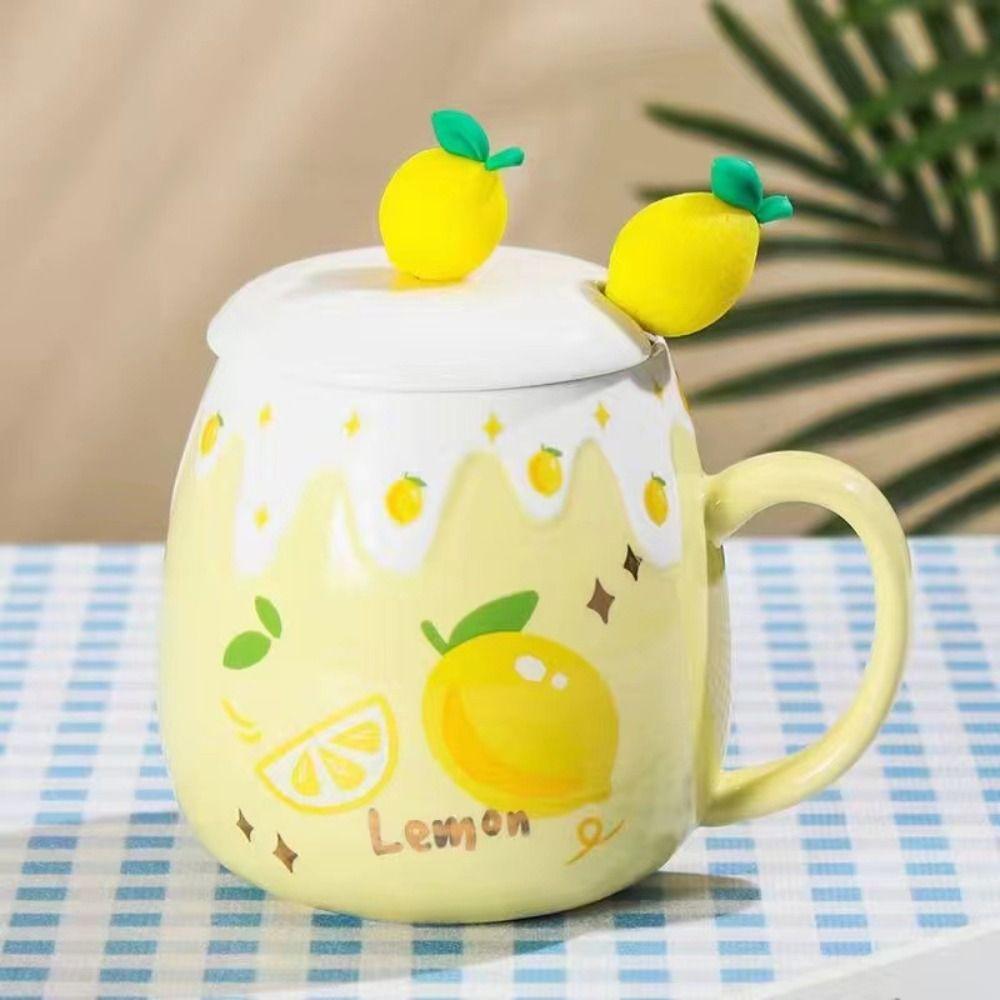With Lid Coffee Mug 450ML Capacity Ceramic Mug Korean Style Strawberry Mug Breakfast Use