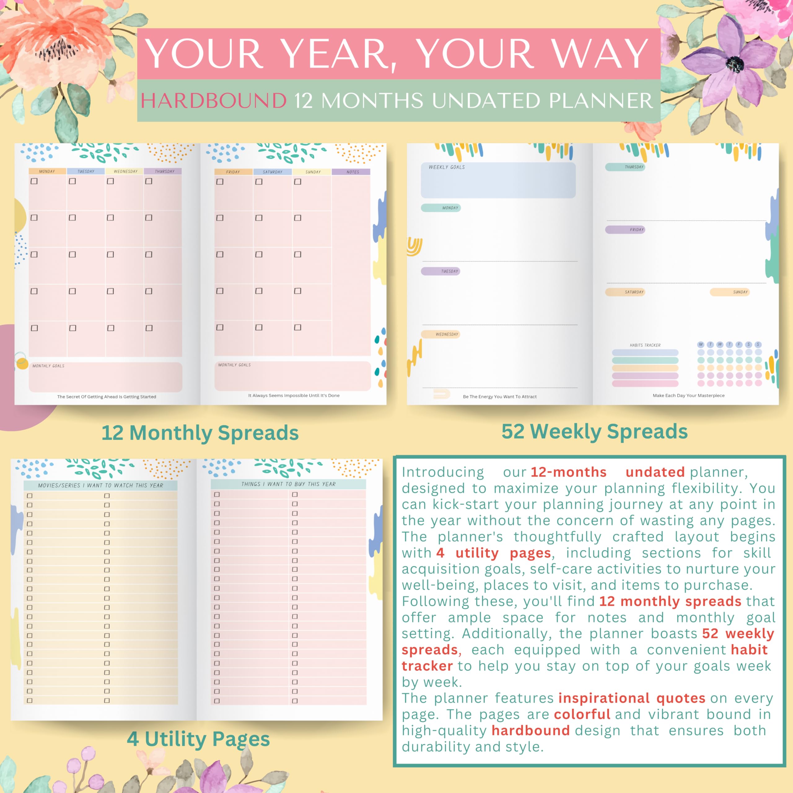 LAURET BLANC Hardbound12Months Undated Planner- A5 Size, 12 Monthly Spreads, 52 Weekly Spreads, Habit Tracker, Utility P