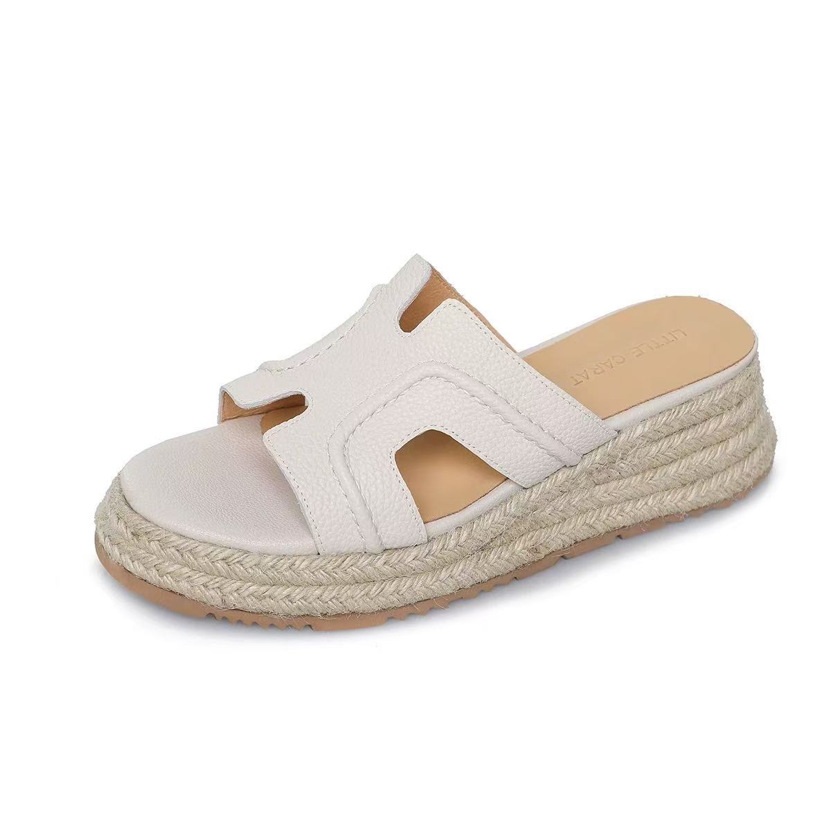 

Spot model~ 5cm casual versatile straw woven thick bottom slope heel shows high outer wear fashionable open-toed cool slippers women 40