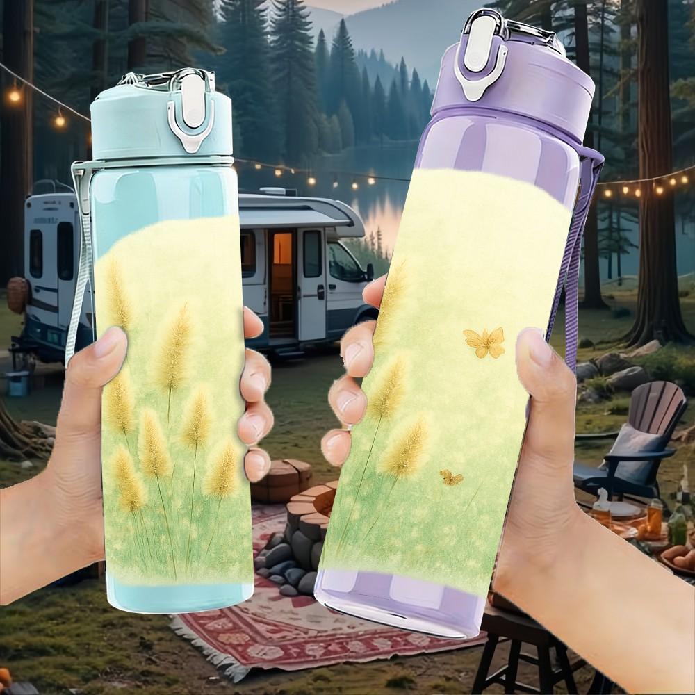 1PC Light Green Wheat Ear Plant Texture Print 750ml Color Plastic Sports Water Bottle Leakproof Flip Straw Lid Suitable for Sports Office Home Use