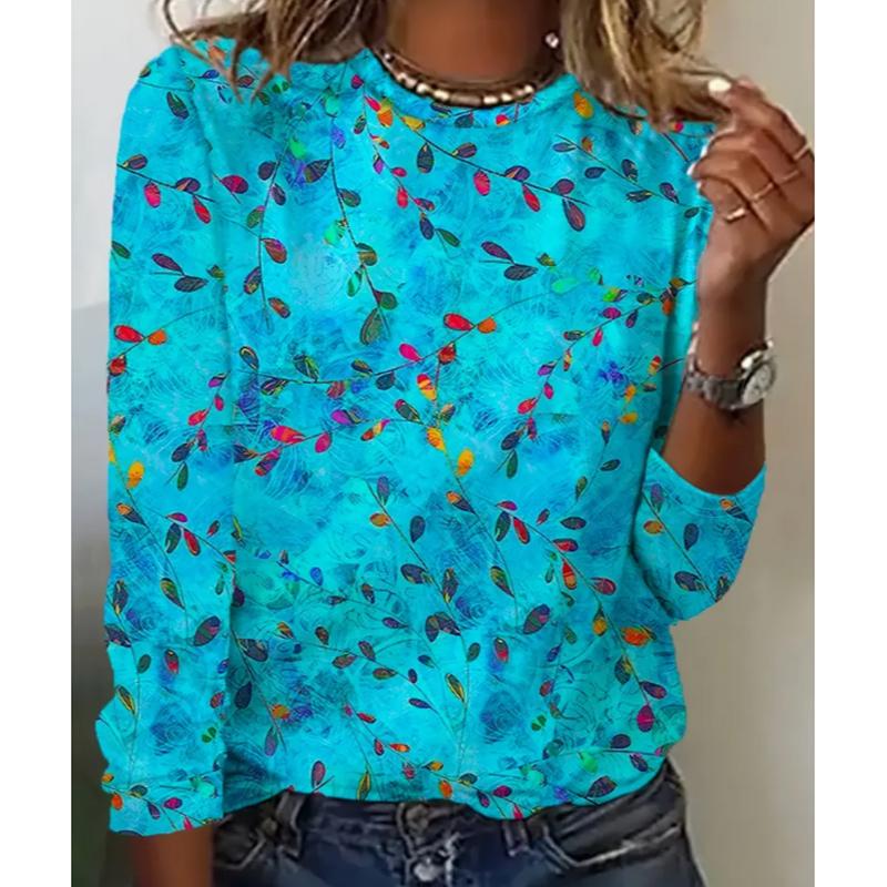 

2025 Осень и Зима Женский Новый Повседневный Топ с Круглым Вырезом и Длинным Рукавом с 3D Цветочным Узором 8XL синий