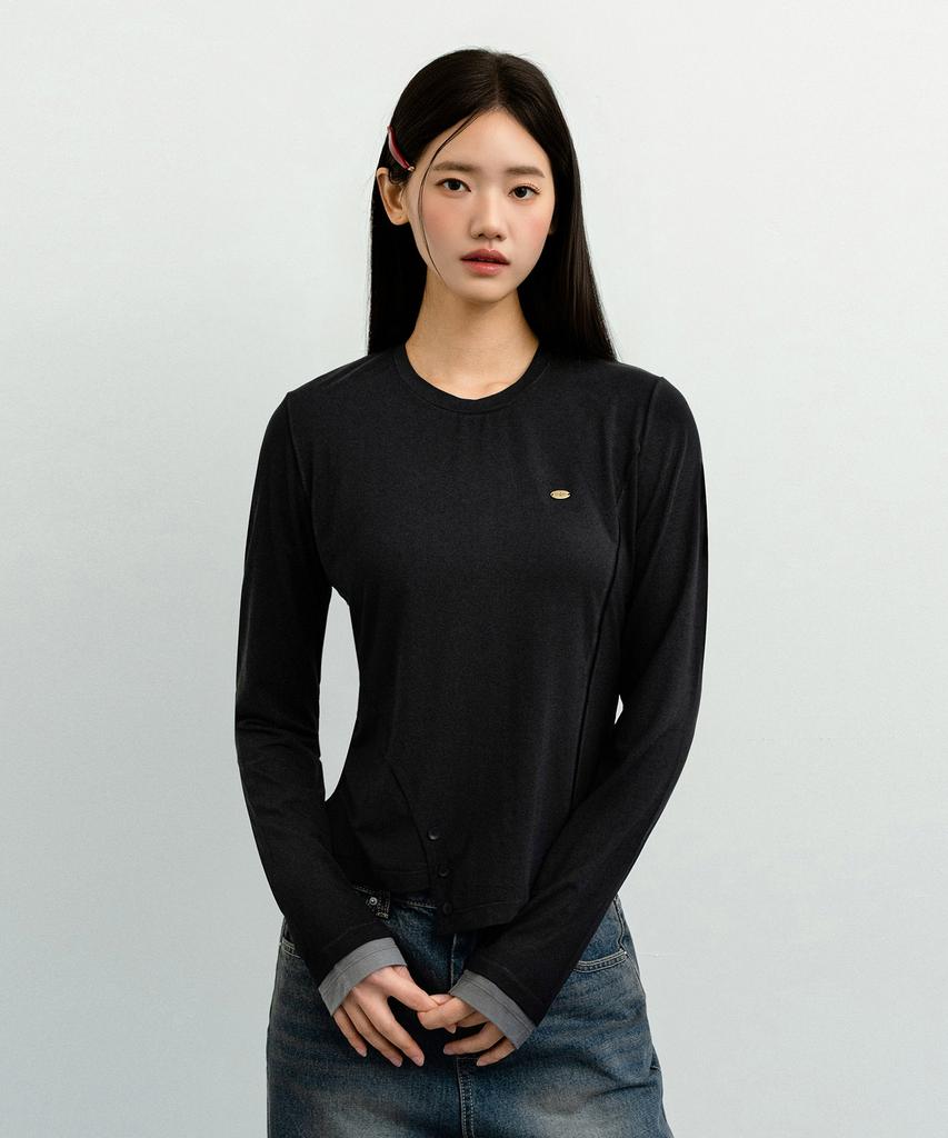Yujen Button Slit Layered Long Sleeve T-Shirt_Black & Charcoal