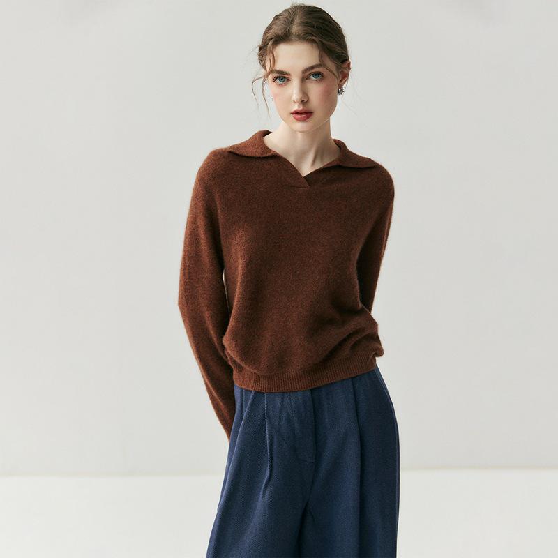 Women's High-End Cashmere Wool Polo Collar Sweater - Autumn Winter Loose Knitwear Base Layer