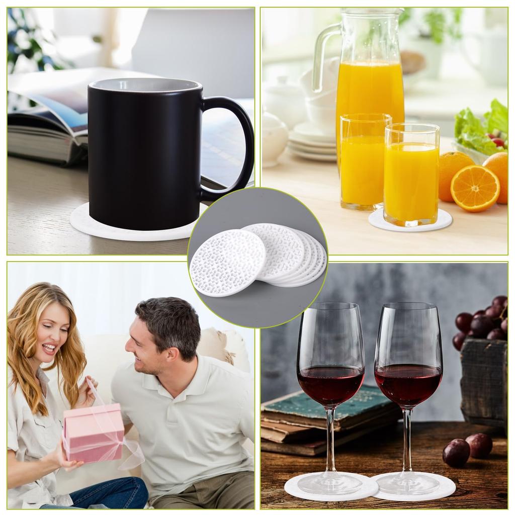 White Drink Coasters, Set of 6 Silicone Coasters, Coffee Table Coasters, Coasters for Home Office Coffee Bar Tables