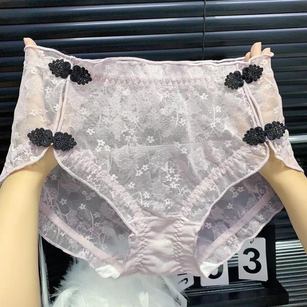 High Waisted Personalized Plus Size Lace Buckle Underwear for Women Chinese Retro Qipao Sexy Triangle Pants Mesh