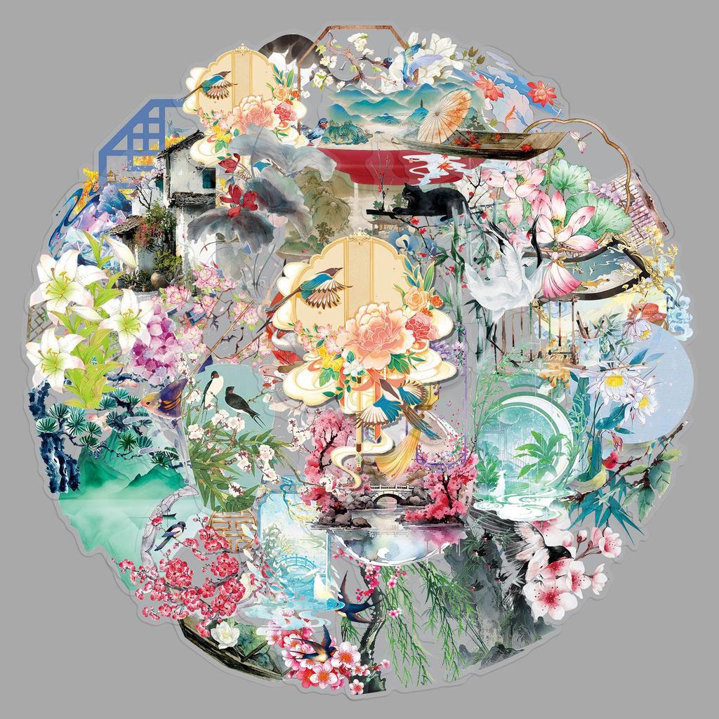 50 Sheets Chinese-Style Transparent Stickers: Elegant Ancient Graffiti for Crafts, Storage Boxes, Notebooks, and Envelopes.