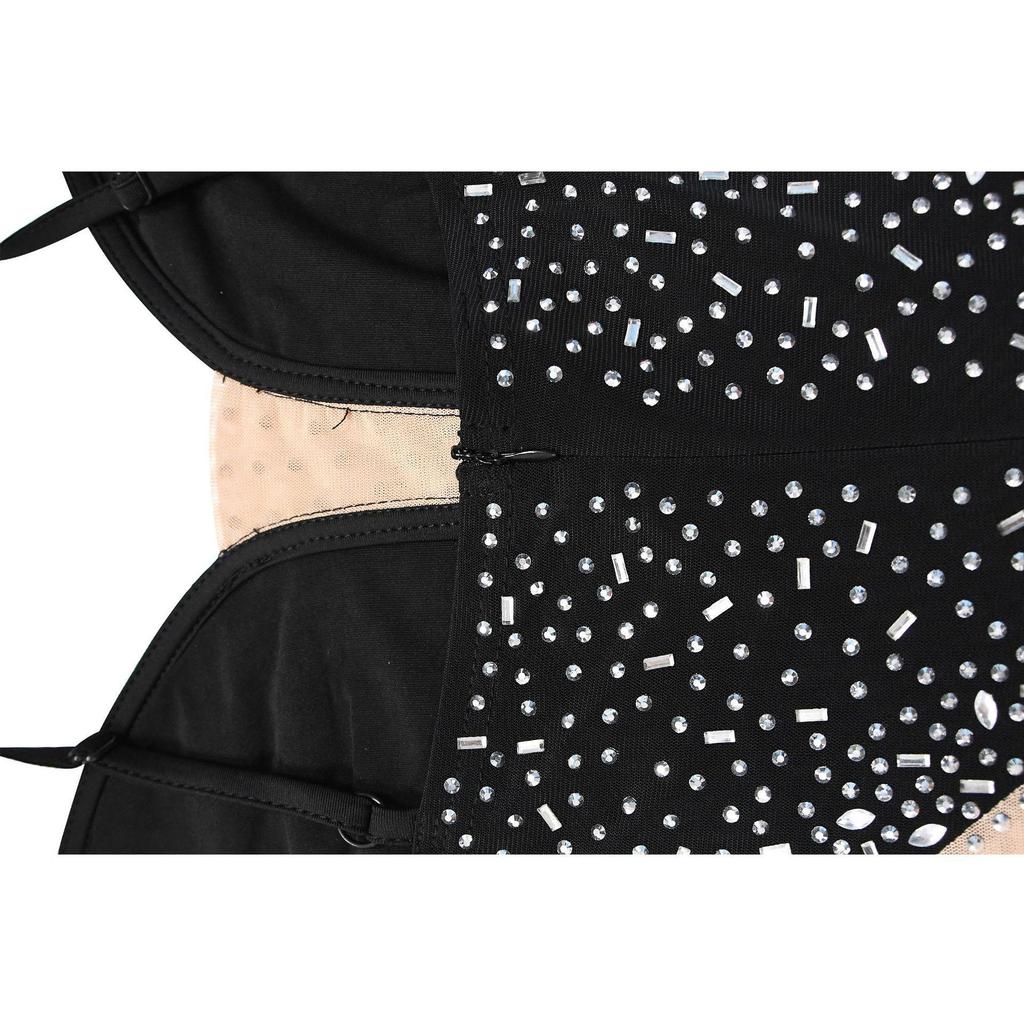 C6312 Fashion Women's Mesh Hot Drilling Solid Color Long Sleeve Short Skirt Dress