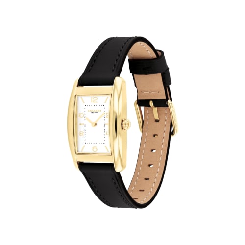 COACH Reese Watch, 24x35mm Square, Gold-Tone, White Satin Dial, Black Leather, 14504312, Women's, Authentic