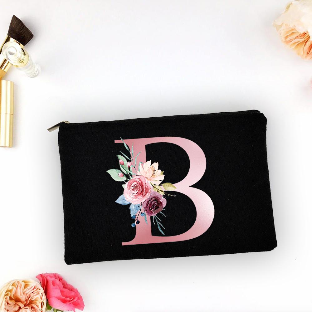 Pink Alphabet Flower A-Z Makeup Bag Make Up Pouch Women Shopping Travel Cosmetic Storage Lipstick Bags Large Capacity Organizer