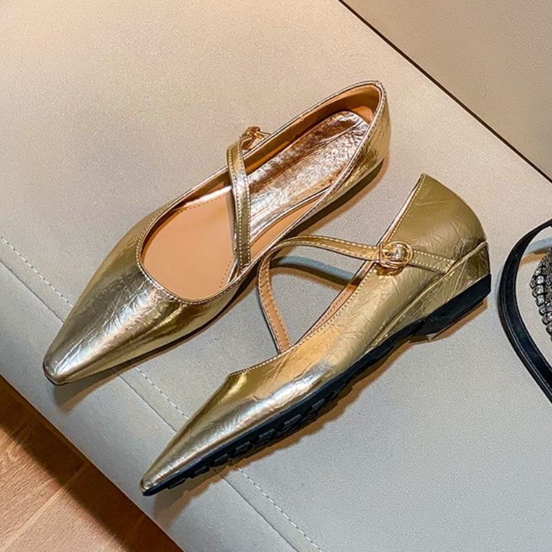 Women's Fashion Buckle High Heels French Silver Strap Mary Jane Shoes Women's 2025 New Soft Leather Wedge Pointed Toe Shoes