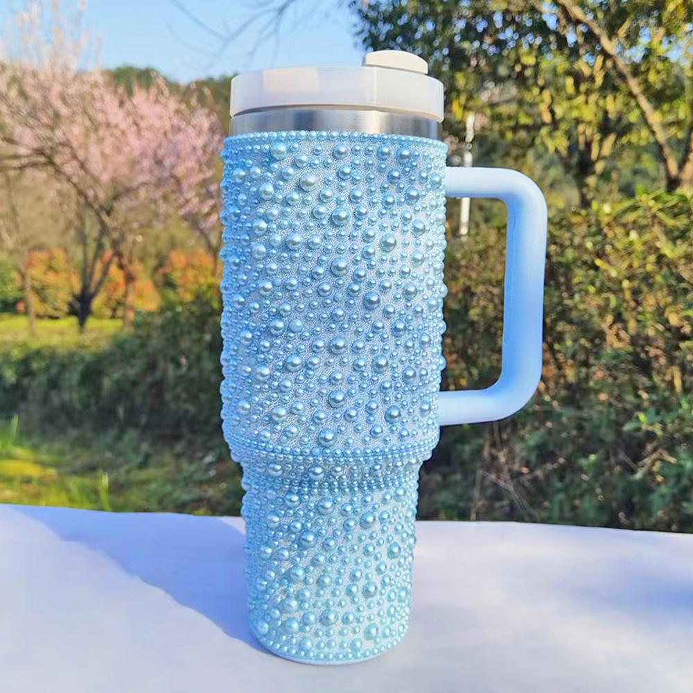 

40OZ Thermos Cup Pearl Diamond Decor Coffee Cup 304 Stainless Steel Thermos Bottle Double Wall Insulation Cold And Hot Car Mug 1200ml