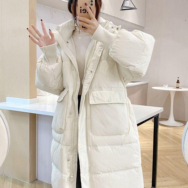 Women's 2025 Winter Hooded White Duck Down Jacket, Mid-Length, Loose Fit, Korean Style.