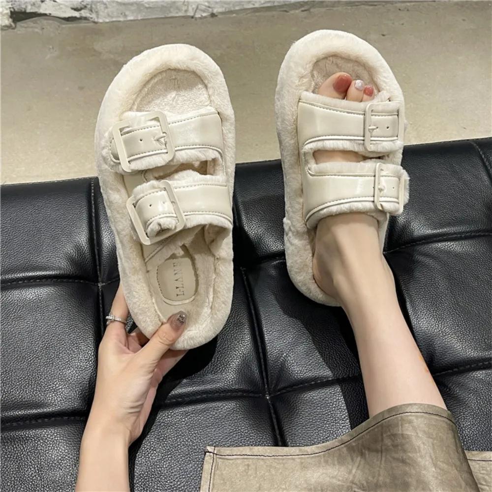 Fashion Thick Soled Hairy Slippers Women's Outdoor Wear  New Autumn and Winter Fashion Leather Buckle Plush Cotton Slippers Women Shoes